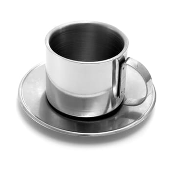 Empty coffee cup from silvery metal on the white background
