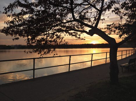 Sunset over water in Washington, DC, USA.