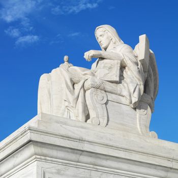 Supreme Court Building sculpture, Washington, DC, USA.