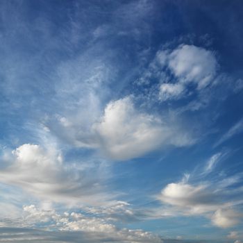 Wispy cloud formations against clear blue sky.