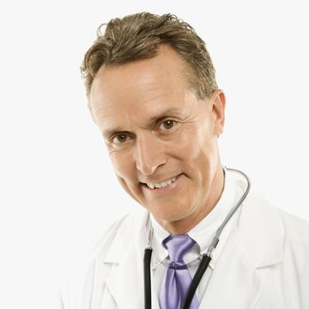 Portrait of smiling mid-adult Caucasian male doctor with stethoscope around his neck.