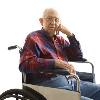 Portrait of Caucasion elderly man sitting in wheelchair.