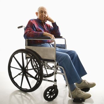 Portrait of Caucasion elderly man sitting in wheelchair.