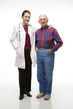 Mid-adult Caucasian female doctor with arm around elderly Caucasian male's shoulder.