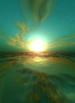 3D Illustration. Green, surreal sunrise. Digital created scenery.