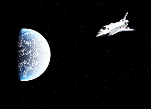 A space shuttle flying near a planet.