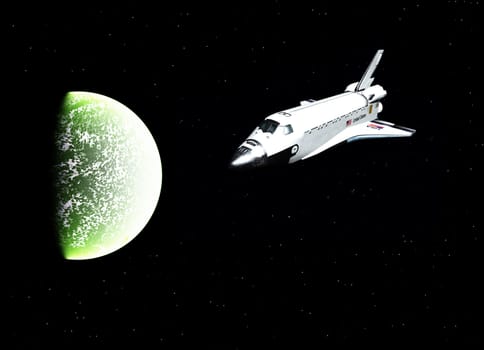 A space shuttle flying near a planet.