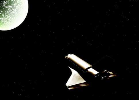 A space shuttle flying near a planet.