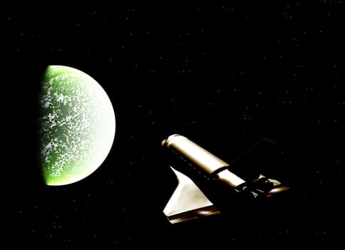 A space shuttle flying near a planet.