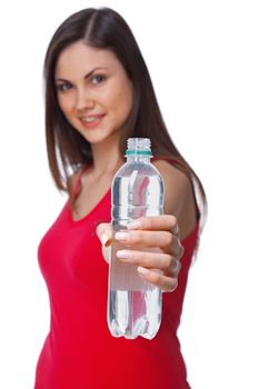 A close up portrait of a young woman bottle of water