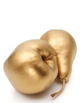 Metallic gold apple and pear on white background