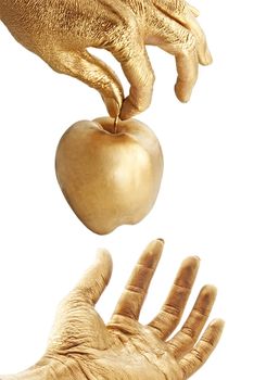 gold hand giving an apple