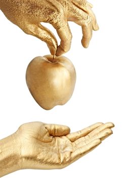 gold hand giving an apple