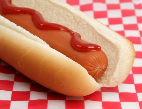 hot-dog with red ketchup on wrapping paper