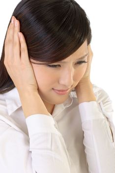 Stress expression of Asian businesswoman hands on ears on white background.