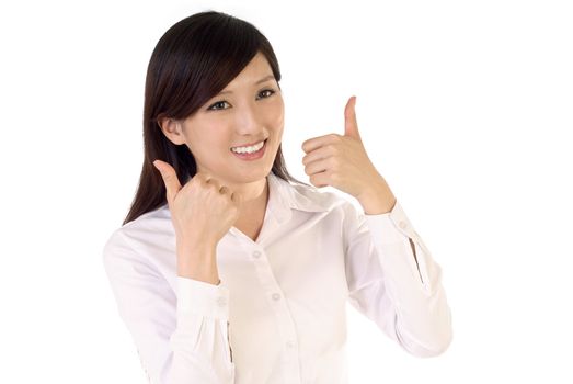 Happy business woman with ok gesture on white background.