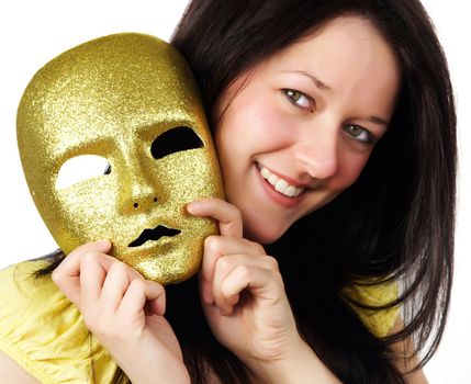 nice girl holding a gold mask, isolated on white