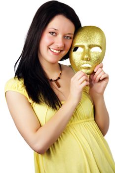 nice girl holding a gold mask, isolated on white