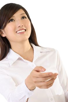 Business woman shake hand with smiling face of expression on white background.
