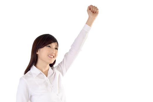 Business woman raise hand with smiling face on white background.