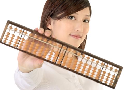 Chinese businesswoman with abacus on white background.