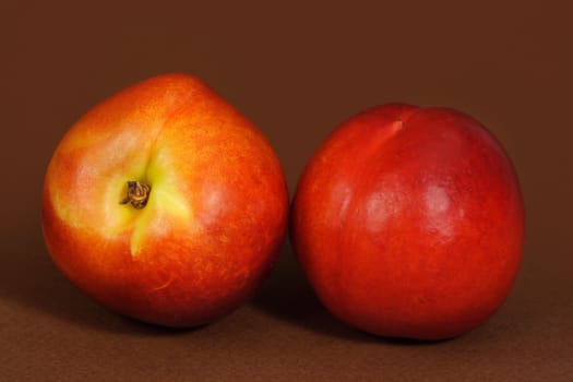 two nectarines on brown background