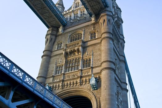 A detail view of Tower Bridge on river Thames.