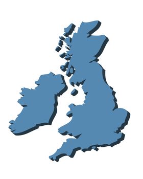 3D outline map of UK and Ireland in blue
