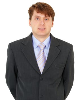 A handsome young man in a jacket on a white background