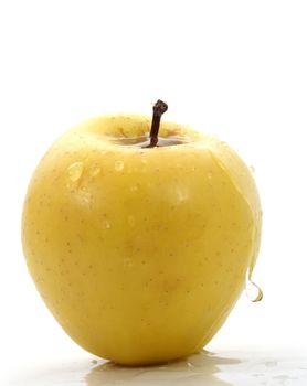 yellow apple with waterdrops, white background