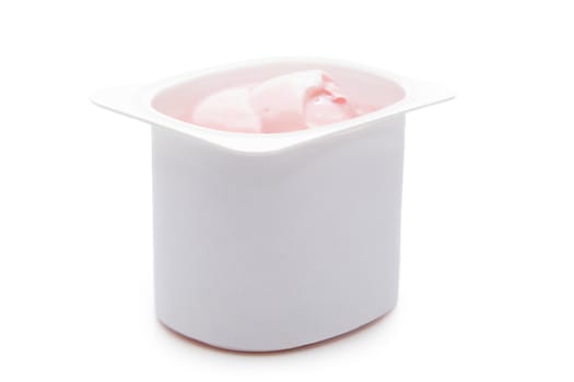 single portion of strawberry yogurt, isolated on white