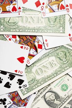 Background of playing cards and money - dollars