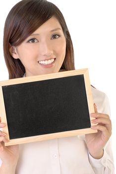 Businesswoman holding blank black board and smile on white background.