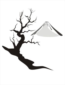 Illustration of Mount Fuji (Japan) in wintertime with a bare-branched tree