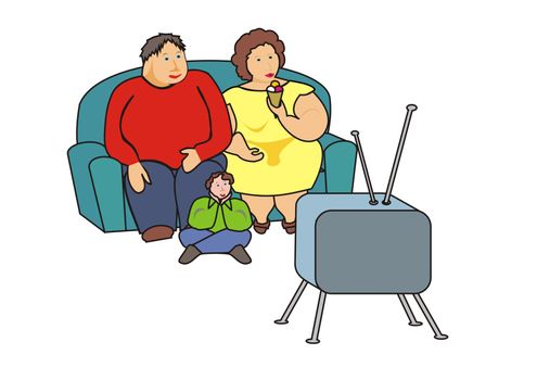 Very obese family sitting and watching TV, the mother is eating an ice.