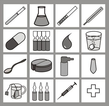 medical icons, grayscale, outlines black, no gradients