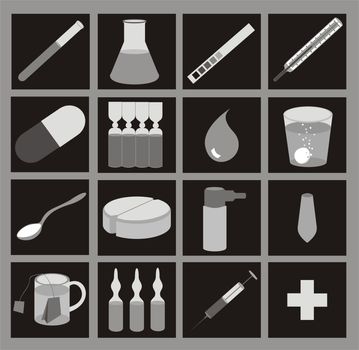 medical icons, grayscale on black, with gradients