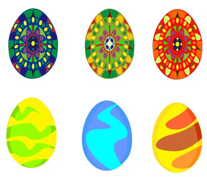 six easter eggs with different colors and patterns, no gradients