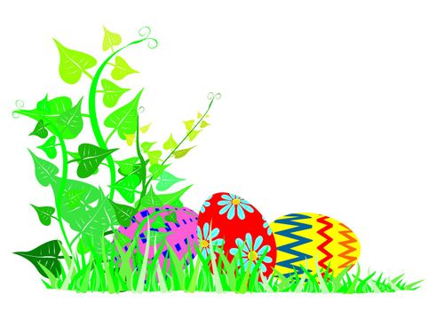 decorative easter-eggs lying in the grass behind a vine