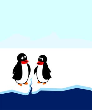 global warming illustration: penguins discuss a crack in the melting polar ice