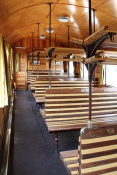 Low-cost rail car interior as the 60's.