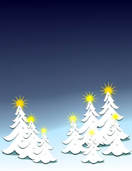 blue background with snow covered Christmas trees