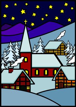 Christmas winter village in the snow, illustration