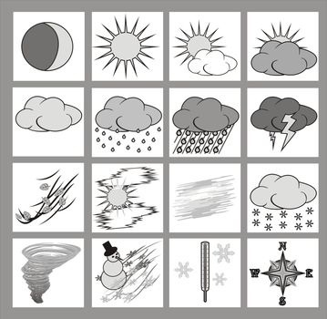 Weather icons or cliparts grayscale with black outlines on white background