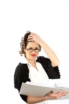A young woman - business or student is stressed with a folder / directory in the hands