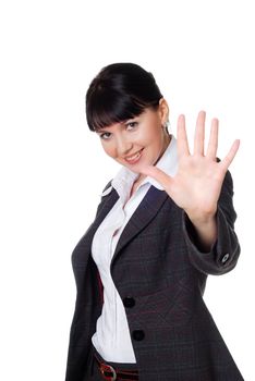 charming young woman in a dark business suit isolated on white background 