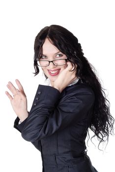 charming businesswoman wearing glasses with a mobile phone