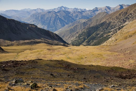 View from pass Rus in Aiguestortes and Estany de Sant Maurici National Park. Spain - Pyrenees. Atumn day.