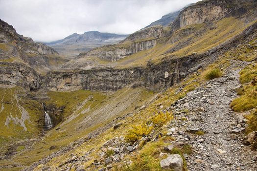 Ordesa park in Spain - National park. Small path to monte Perdido. Rainy day.