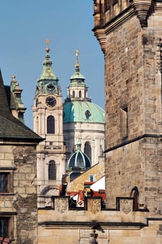 St Nikolas church, one of the most important buildings of baroque Prague, with a dominant dome and belfry. Originally a Gothic church -from 1283- stood on this site. From 1704 to 1756, it was rebuilt as the seventy nine metre high Baroque church. 
Architects - K. Dientzenhofer, K.I. Dientzenhofer, A. Lugaro.
Prague, Lesser Town, Czech republic, Europe.